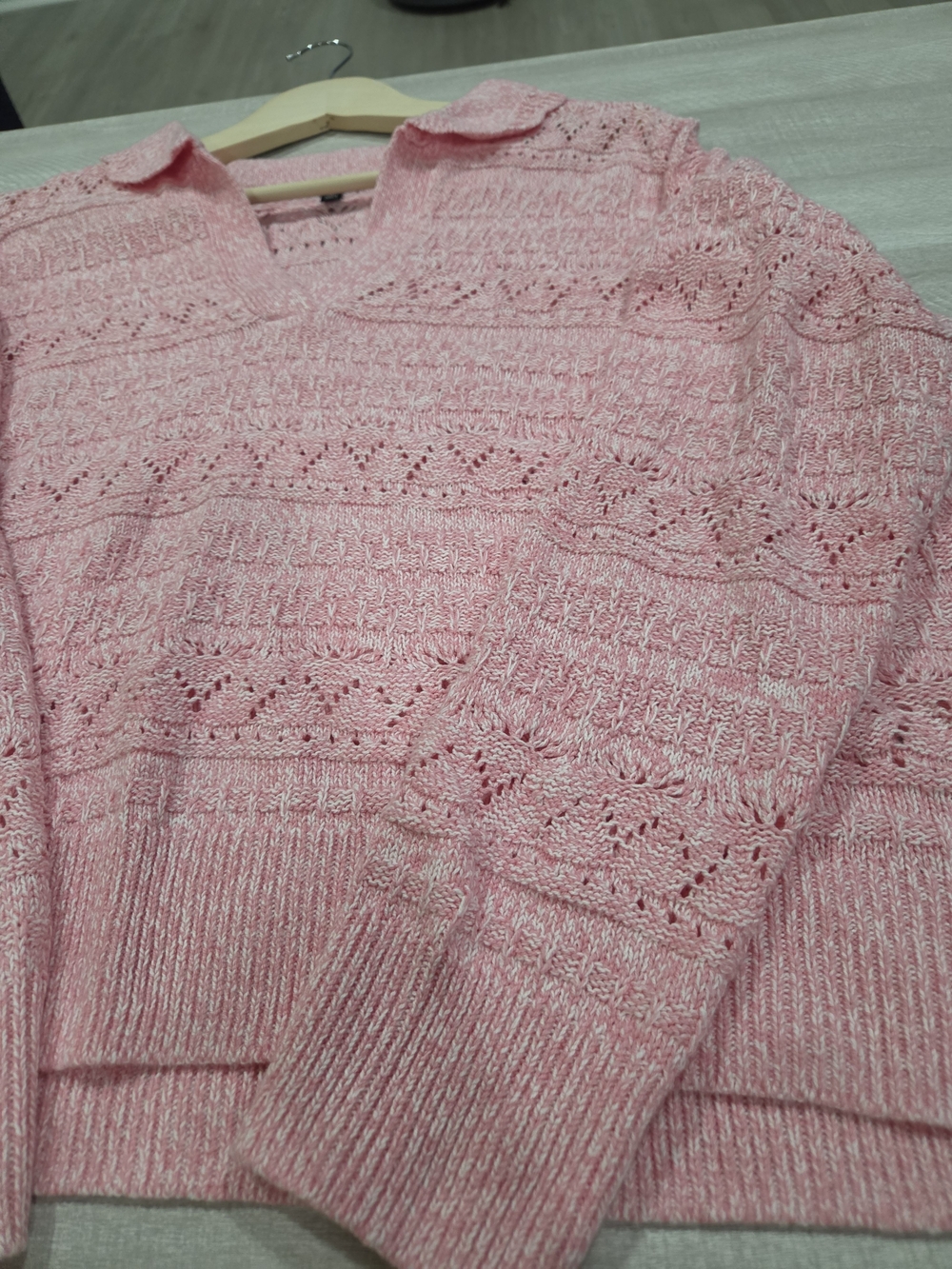 Talbots Pink Open-Stitch V-Neck Collared Sweater - Picture 6 of 8